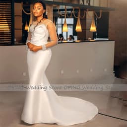 Customized Luxury Wedding Dress for Women Ivory Satin Pearls Beaded Wedding Gowns Mermaid Long Sleeves O Neck Civil Bridal Dress