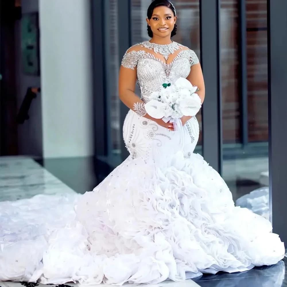 Customized 2025 Long Sleeves Mermaid Wedding Dress For Bride Marriage Organza Tiered Crystals Bead African Aso Ebi Bridal Gowns