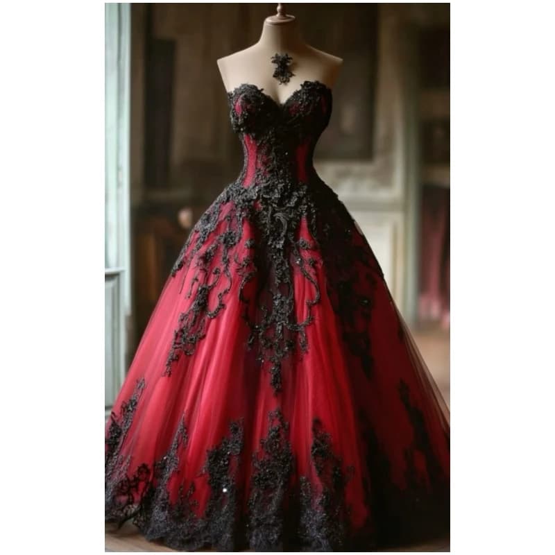 Black And Red Gothic Wedding Dress Lace Appliques Sweetheart Neckline Sleeveless A-Line Tulle Vintage Bridal Gown Customized