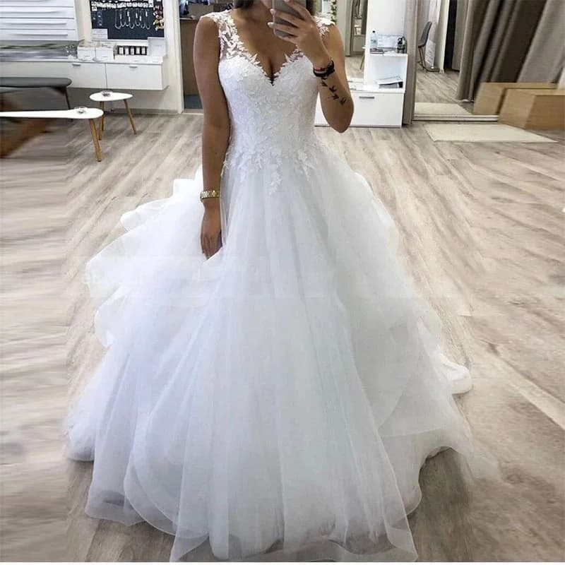 Customized A Line Women Wedding Dresses Tulle V Neck Appliques Bridal Gowns Formal Vestido De Noiva robe mariage