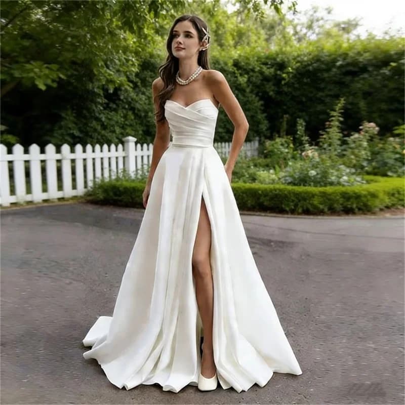 Customized Elegant Strapless Satin Simple Side Split Wedding Dress for Bride A-Line Lace-up Pleat Bridal Gown Vestidos De Novia