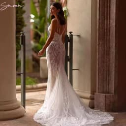Luxury Mermaid Bridal Gown Wedding Dress Embroidered Lace Beading Sexy Backless V-Neck Strap Sleeveless Vestidos De Novia