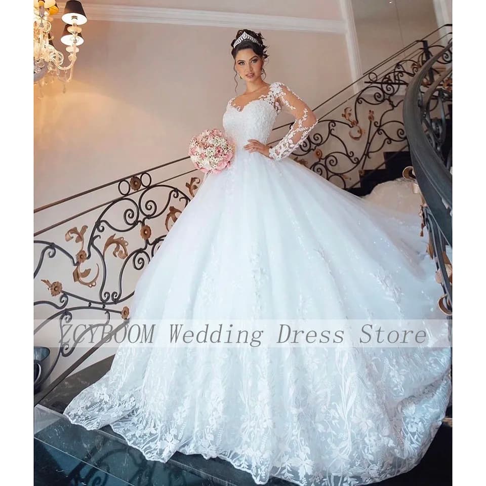 Customized White O-Neck Appliques Wedding Dress 2026 Ball Gown Floor Length Sweep Train Tulle Zipper Custom Made Bridal Gown