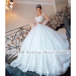 Customized White O-Neck Appliques Wedding Dress 2026 Ball Gown Floor Length Sweep Train Tulle Zipper Custom Made Bridal Gown