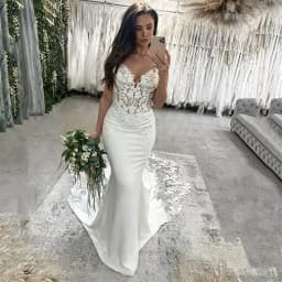 Elegant Mermaid Wedding Dress Spaghetti Straps Deep V Neck Lace Appliques Backless Buttons Chapel Train Satin Bridal Gown Custom