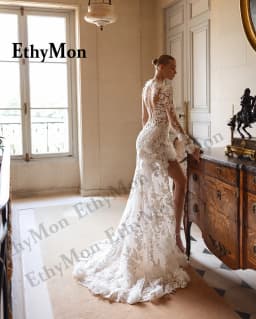 Ethymon Fashionable High Neck Wedding Gown for Bride Slit Lace Appliques Long Sleeves Mermaid Tank Robe De Mariee Customized