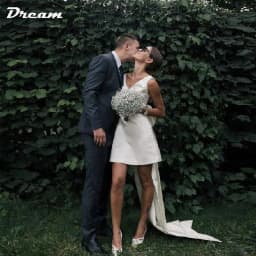 DREAM Customized Short Mini Satin V Neck Bridal Gown Large Bow Open Back Sleeveless Above Knee Length Wedding Party Dresses 2026