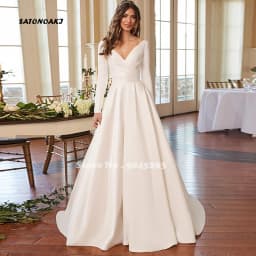 Customized Elegant Simple Ivory Satin Wedding Dress for Women V-Neck Long Sleeve Backless A-Line Bridal Gowns Vestidos De Novia