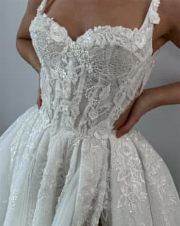 Rebecca Customized Floral Straps Lace Embroidery Wedding Dress High Side Split vestidos de noche Floor-Length Formal Evening