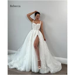 Rebecca Customized Floral Straps Lace Embroidery Wedding Dress High Side Split vestidos de noche Floor-Length Formal Evening
