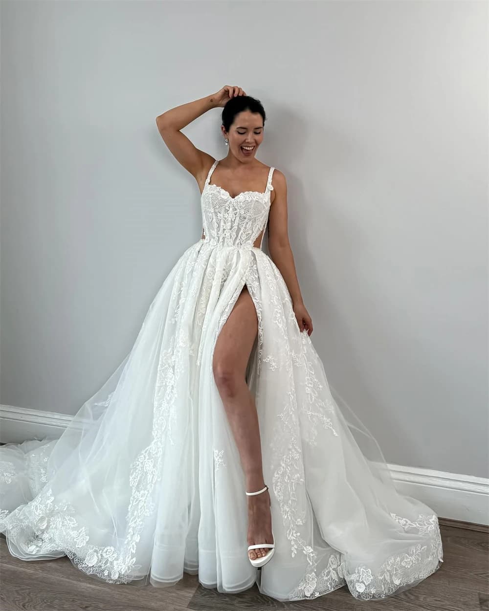 Rebecca Customized Floral Straps Lace Embroidery Wedding Dress High Side Split vestidos de noche Floor-Length Formal Evening