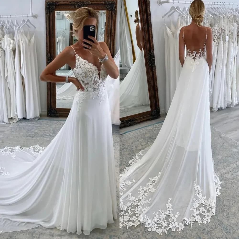 Beach A Line Chiffion Wedding Dresses Sexy V-neck Spaghetti Straps Backless Button Appliques Boho Bridal Gowns Vestido De Novia