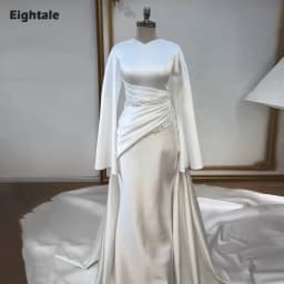 Eightale Arabic Wedding Dress V-Neck Customized White Ivory Mermaid Long Sleeves Beaded Muslim Satin Bridal Gown Robe De Mariée