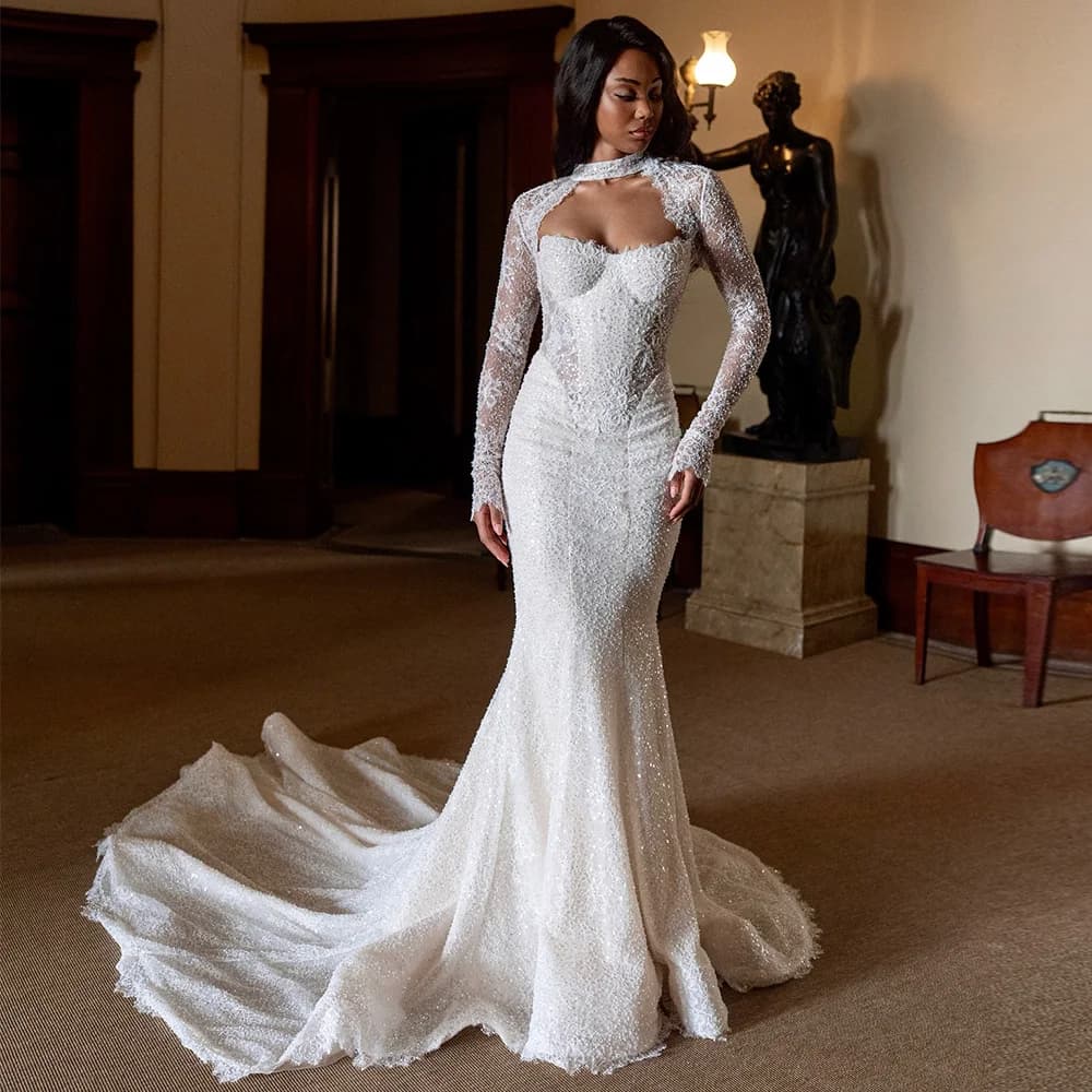 Temperament Long Sleeves O-Neck Customized Bridal Gowns Classic Appliques Lace Vestido De Novia Dreamy Mermaid Robe de mariée