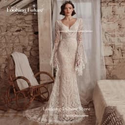 2026 Boho Mermaid Wedding Dresses Long Sleeve Pleat Sexy Lace Illusion Bridal Gown V-Neck Backless Zipper Sweep Train Customized