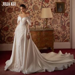 Julia Kui Custom Made Vintage Lace Satin 2 In 1 Mermaid Wedding Dresses Shiny Beaded Pearls Applique Beauty Trumpet Bridal Gowns