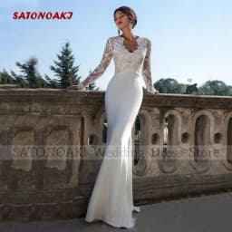 Customized Elegant Sexy Mermaid Lace Satin Wedding Dress for Women V-Neck Sweep Train Long Sleeve Bridal Gowns Vestidos De Novia