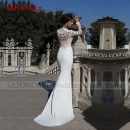 Customized Elegant Sexy Mermaid Lace Satin Wedding Dress for Women V-Neck Sweep Train Long Sleeve Bridal Gowns Vestidos De Novia