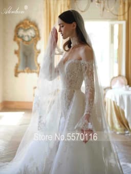 Alonlivn Custom Made Enchanting Lace Mermaid Wedding Dresses Off-the-Shoulder Full Sleeves Removable Train 2 In 1 Bride Gowns