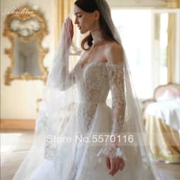 Alonlivn Custom Made Enchanting Lace Mermaid Wedding Dresses Off-the-Shoulder Full Sleeves Removable Train 2 In 1 Bride Gowns