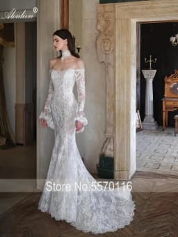 Alonlivn Custom Made Enchanting Lace Mermaid Wedding Dresses Off-the-Shoulder Full Sleeves Removable Train 2 In 1 Bride Gowns