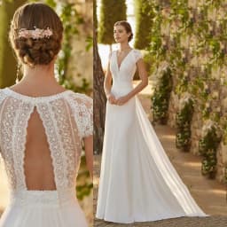 Ivory Lace Satin Modern Wedding Dresses With Detachable Train V-Neck Cap Sleeves Bride Gowns Plus Size Cut-Out Vestidos De Noiva