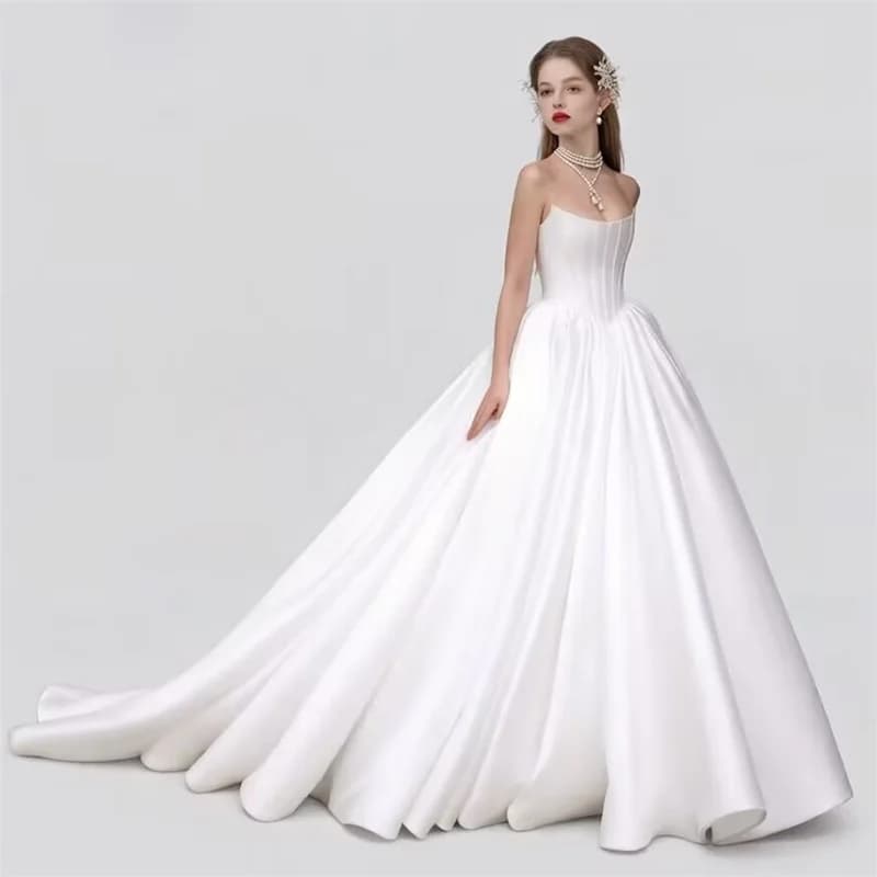Customized Elegant Simple Satin Sweetheart A-line Wedding Dresses Sleeveless Princess Bridal Gowns robe de mariee with Pockets