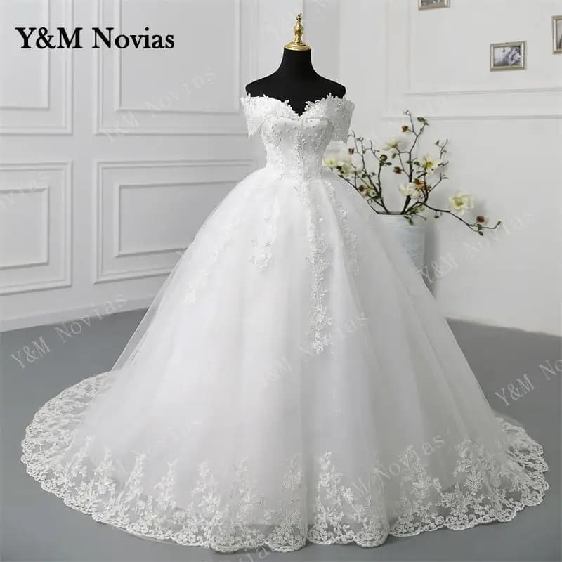 Y&M Novias Customized Off Shoulder Plus Size Vestido De Noiva Wedding Dress Long Train or Floor Appliqe Bridal Tulle Mariage