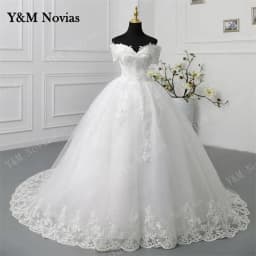Y&M Novias Customized Off Shoulder Plus Size Vestido De Noiva Wedding Dress Long Train or Floor Appliqe Bridal Tulle Mariage