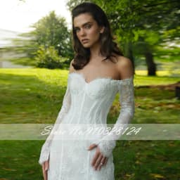 Lhuilier Customized Mermaid Lace Wedding Dresses Full Sleeves Off the Shoulder Beaded Bridal Gowns with Court Train
