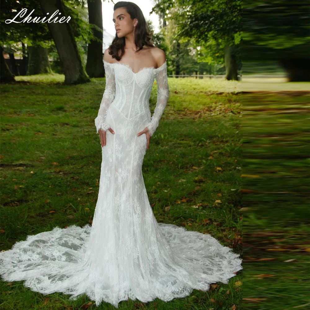 Lhuilier Customized Mermaid Lace Wedding Dresses Full Sleeves Off the Shoulder Beaded Bridal Gowns with Court Train