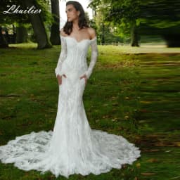 Lhuilier Customized Mermaid Lace Wedding Dresses Full Sleeves Off the Shoulder Beaded Bridal Gowns with Court Train