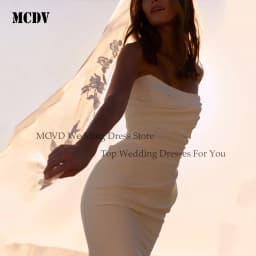 MCDV Strapless Mermaid Wedding Dress 2026 Simple Pleat Long Train Sleeveless Satin Reception Dress Button Back Customized
