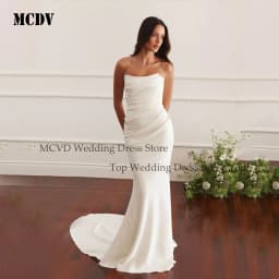 MCDV Strapless Mermaid Wedding Dress 2026 Simple Pleat Long Train Sleeveless Satin Reception Dress Button Back Customized