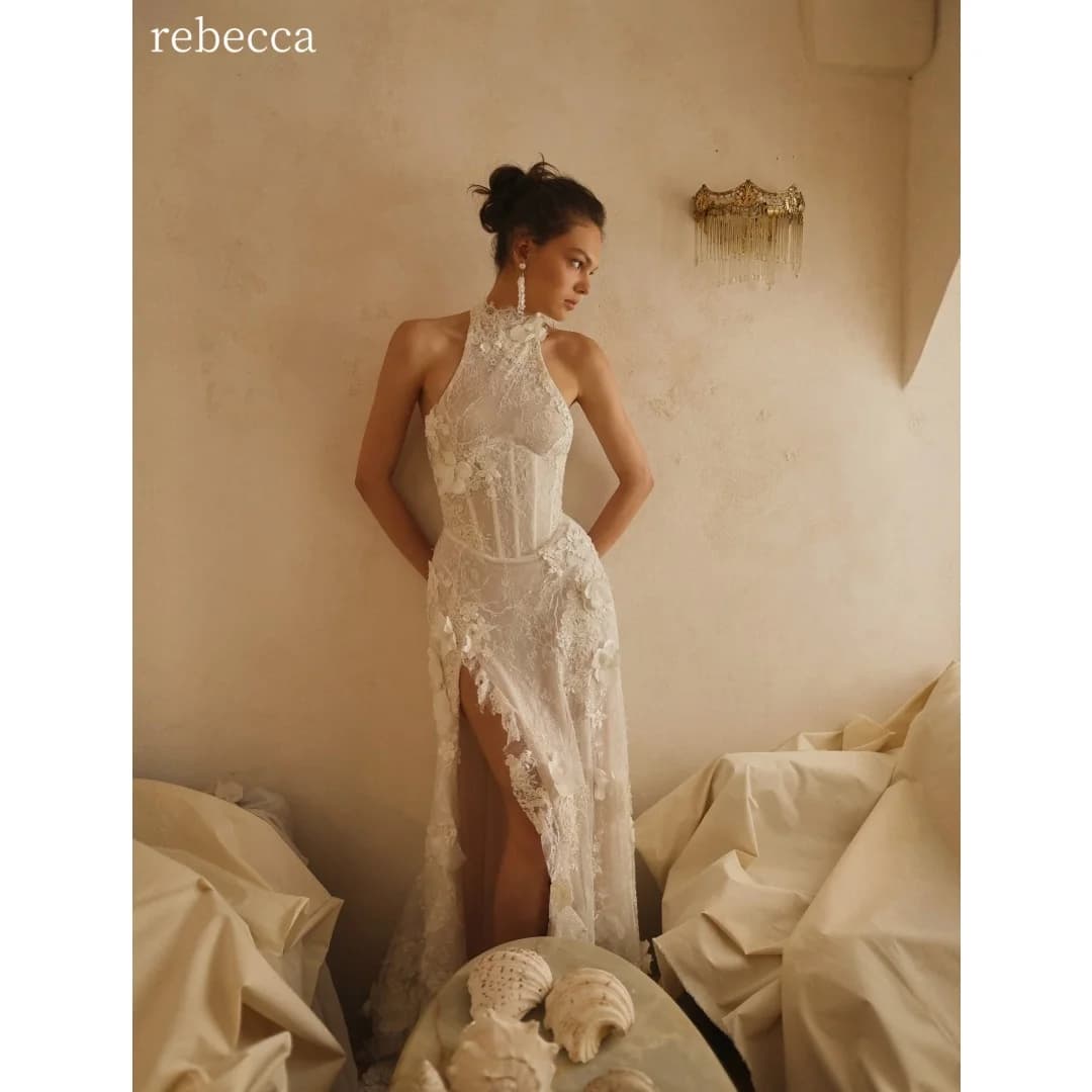 Rebecca Customized Halter Neck Sheath Prom Dress Lace Appliques vestidos de noche 3D Flower Lace raw‑edge Evening Dresses 2026