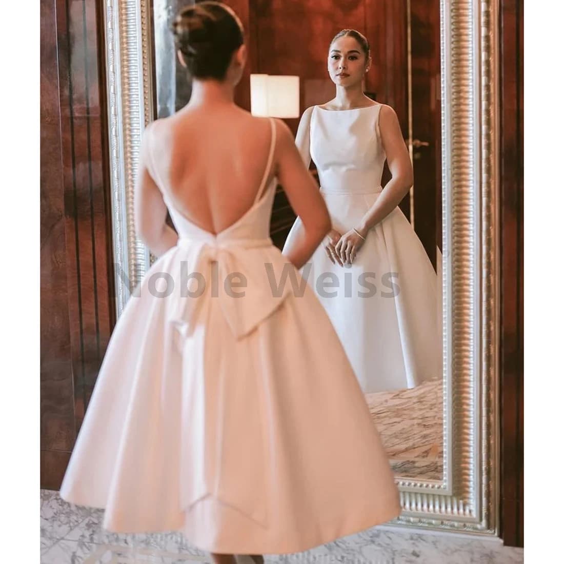 Soft Satin Tea Length A Line Backless Wedding Dress O Neck Prom Gown Customize