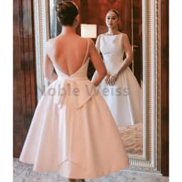 Soft Satin Tea Length A Line Backless Wedding Dress O Neck Prom Gown Customize
