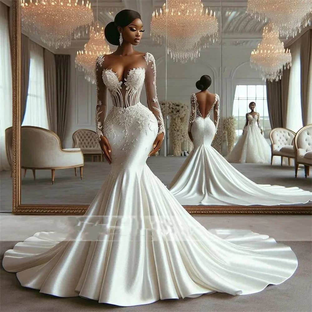 Flavinke Customized Long Sleeves Luxury Wedding Dresses Style Beaded Lace Appliques African Mermaid Illusion Vestidos De Novia