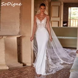 SoDigne Mermaid Lace Applique Wedding Dresses V-neck Sleeveless Satin Bridal Dress Long Wedding Gown Robe De Mairee ﻿Customized