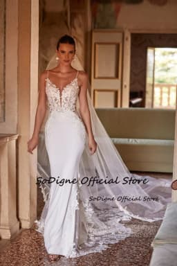 SoDigne Mermaid Lace Applique Wedding Dresses V-neck Sleeveless Satin Bridal Dress Long Wedding Gown Robe De Mairee ﻿Customized