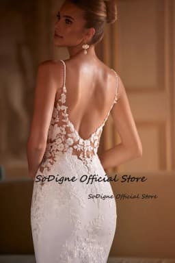 SoDigne Mermaid Lace Applique Wedding Dresses V-neck Sleeveless Satin Bridal Dress Long Wedding Gown Robe De Mairee ﻿Customized