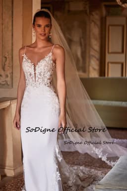 SoDigne Mermaid Lace Applique Wedding Dresses V-neck Sleeveless Satin Bridal Dress Long Wedding Gown Robe De Mairee ﻿Customized