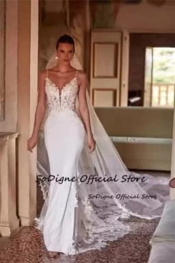 SoDigne Mermaid Lace Applique Wedding Dresses V-neck Sleeveless Satin Bridal Dress Long Wedding Gown Robe De Mairee ﻿Customized