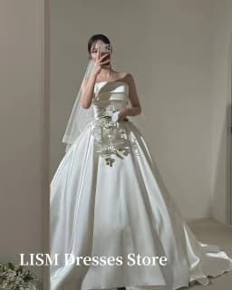 LISM Simple A-Line Korea Wedding Dresses Photo Shoot Soft Satin Sleeveless Floor Length Bridal Gowns웨딩드레스Customized Corsets