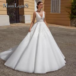 Moonlight Fairytale V-neck Wedding Dresses for Women Sweep Train Tulle Lace Appliques Vestidos De Novia for Brides Customised