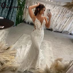 Osquernovia Exquisite Formal Wedding Gowns Appliques Spaghetti Straps Mermaid Button Vestidos De Novia Plus Size Customized