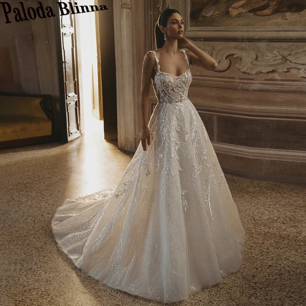 Paloda Luxury A-line Wedding Dresses for Bridal Spaghetti Straps Sweep Train Backless Lace Appliques Robe De Mariee Customized