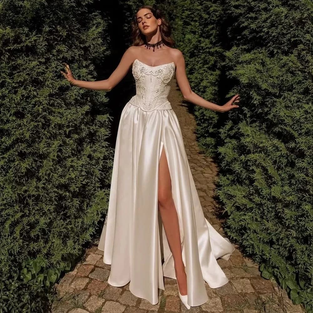 Customized Elegant Satin Wedding Dresses A-Line Side Slit Beading Strapless Lace Pleated Bride Prom Gown Bridal Gowns for Women