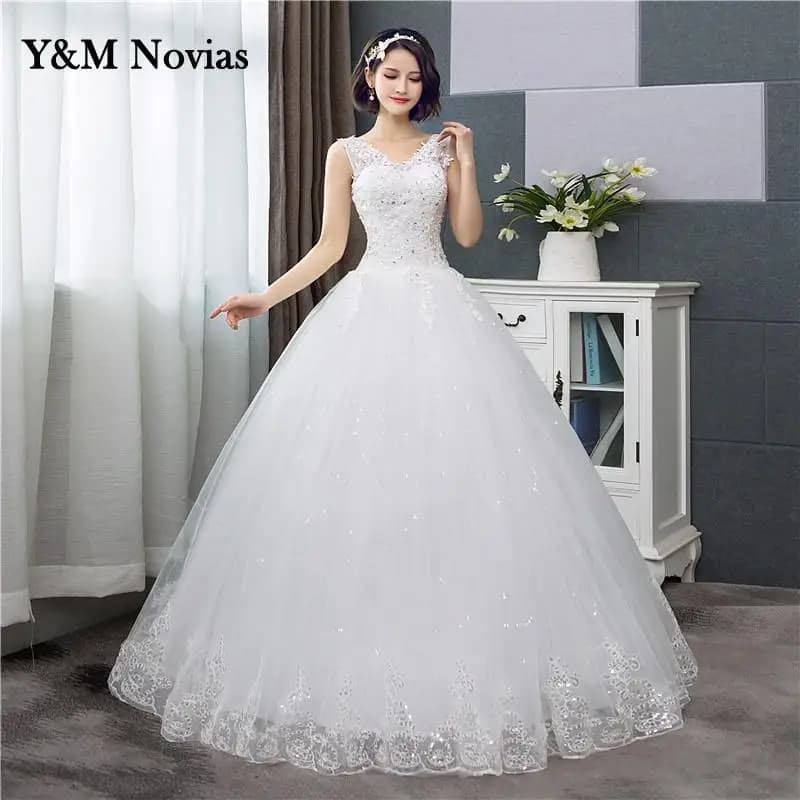 Customized Cheap Korean V-Neck Lace Tank Sleeveless Floral Print Ball Gown Ivory Wedding Dress New Simple Estidos De Noivas