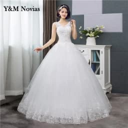 Customized Cheap Korean V-Neck Lace Tank Sleeveless Floral Print Ball Gown Ivory Wedding Dress New Simple Estidos De Noivas